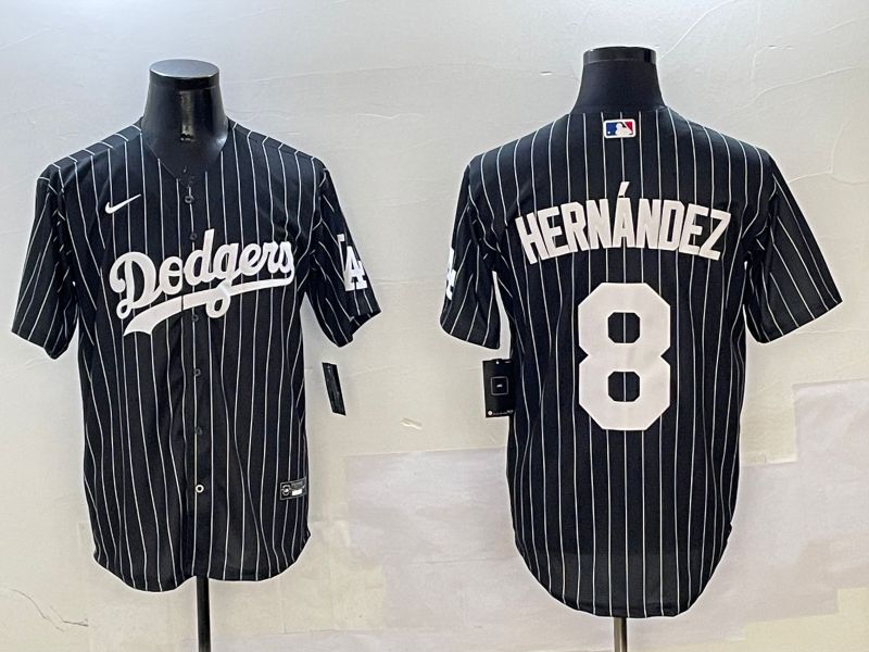 Men Los Angeles Dodgers 8 Hernandez Black Stripe Jointly Name 2025 Nike MLB Jersey style 1